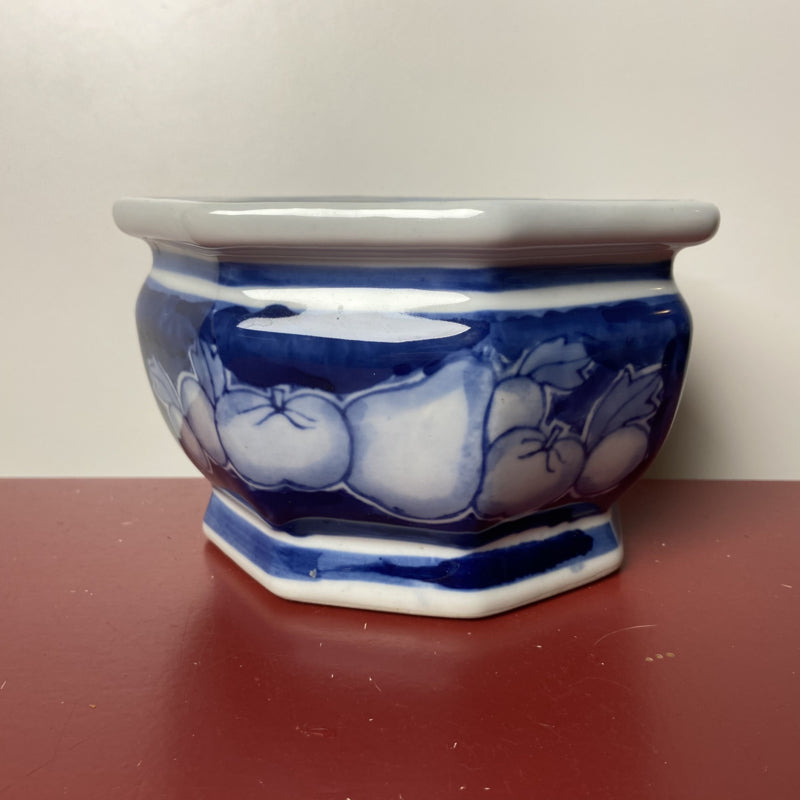 Vintage blauwe bloempot fruit