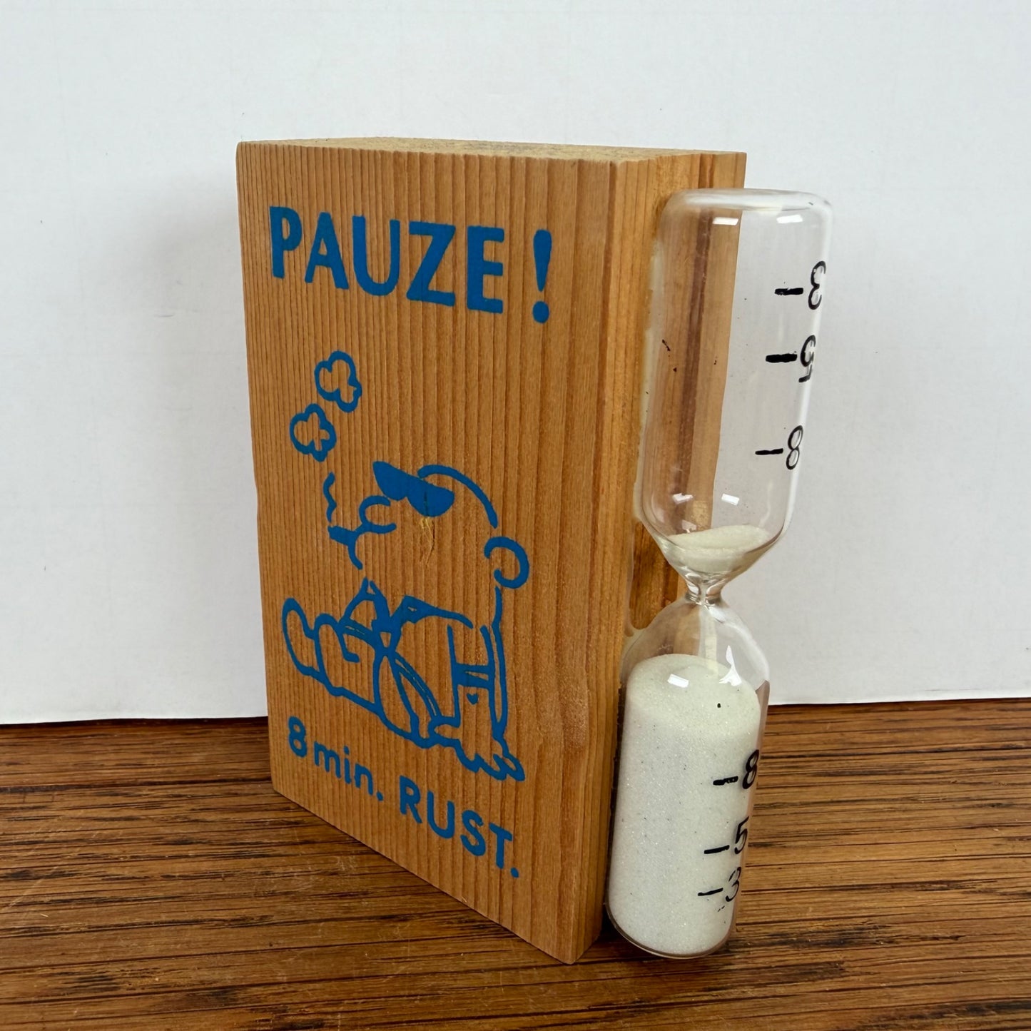 Vintage zandloper Pauze 8 min. blauw-rood houten blok