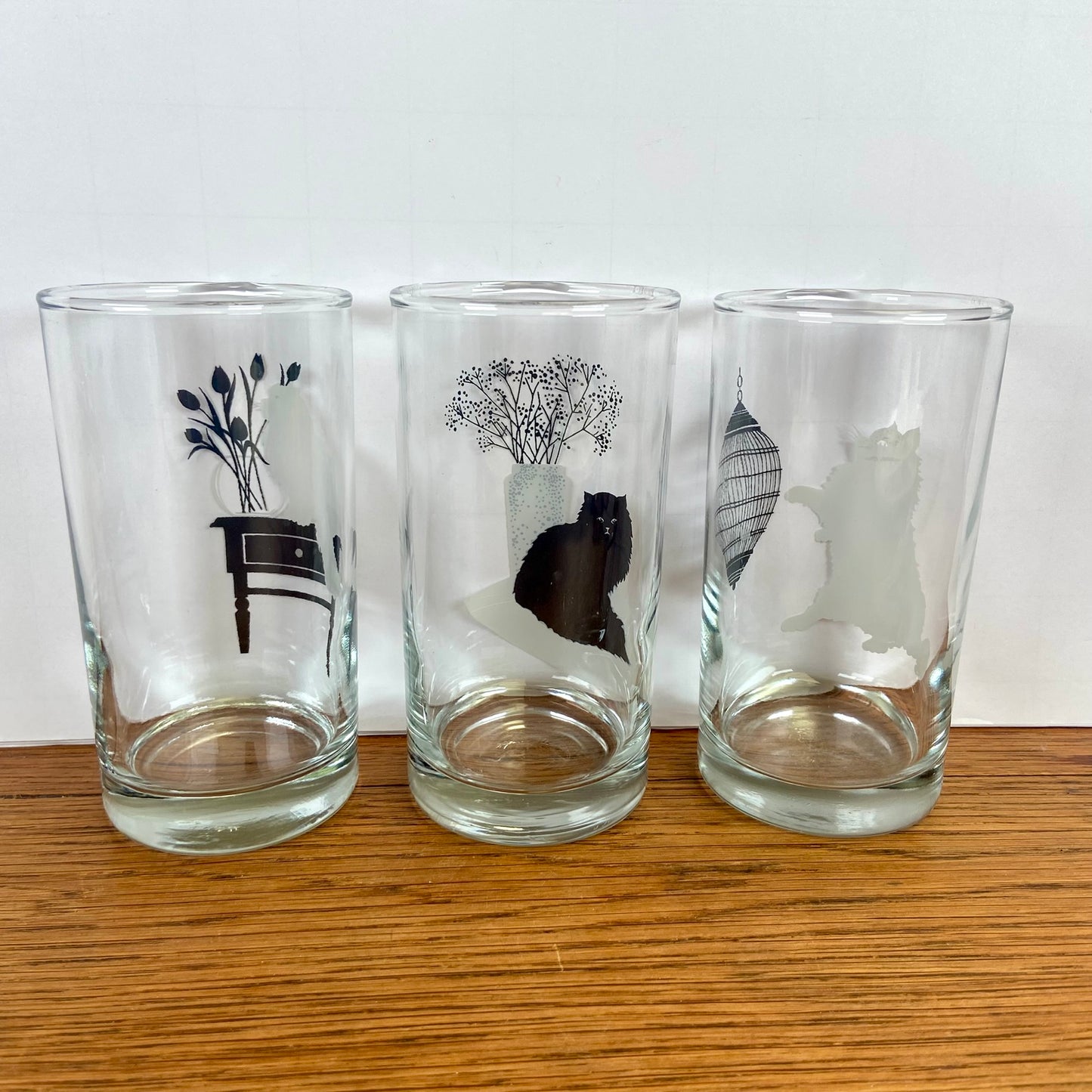 Set van 3 katten glazen zwart wit