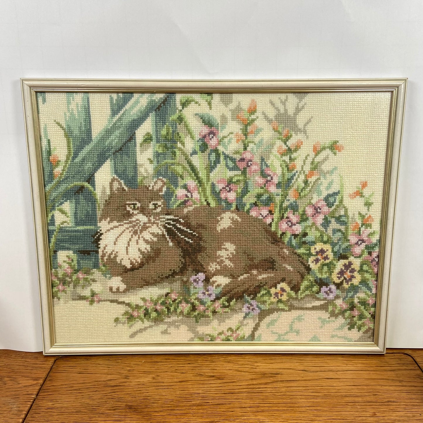 Geborduurd schilderij kat