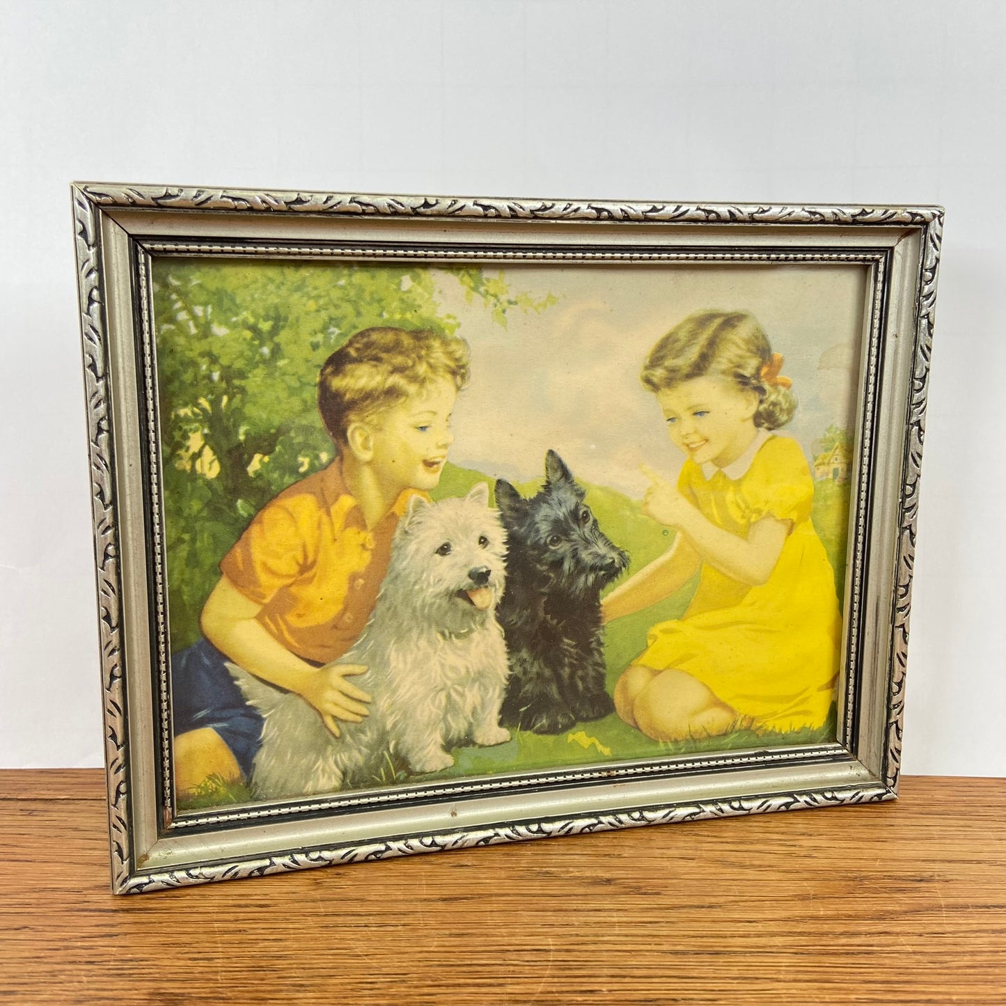 Vintage schilderijtje kindjes en hondjes