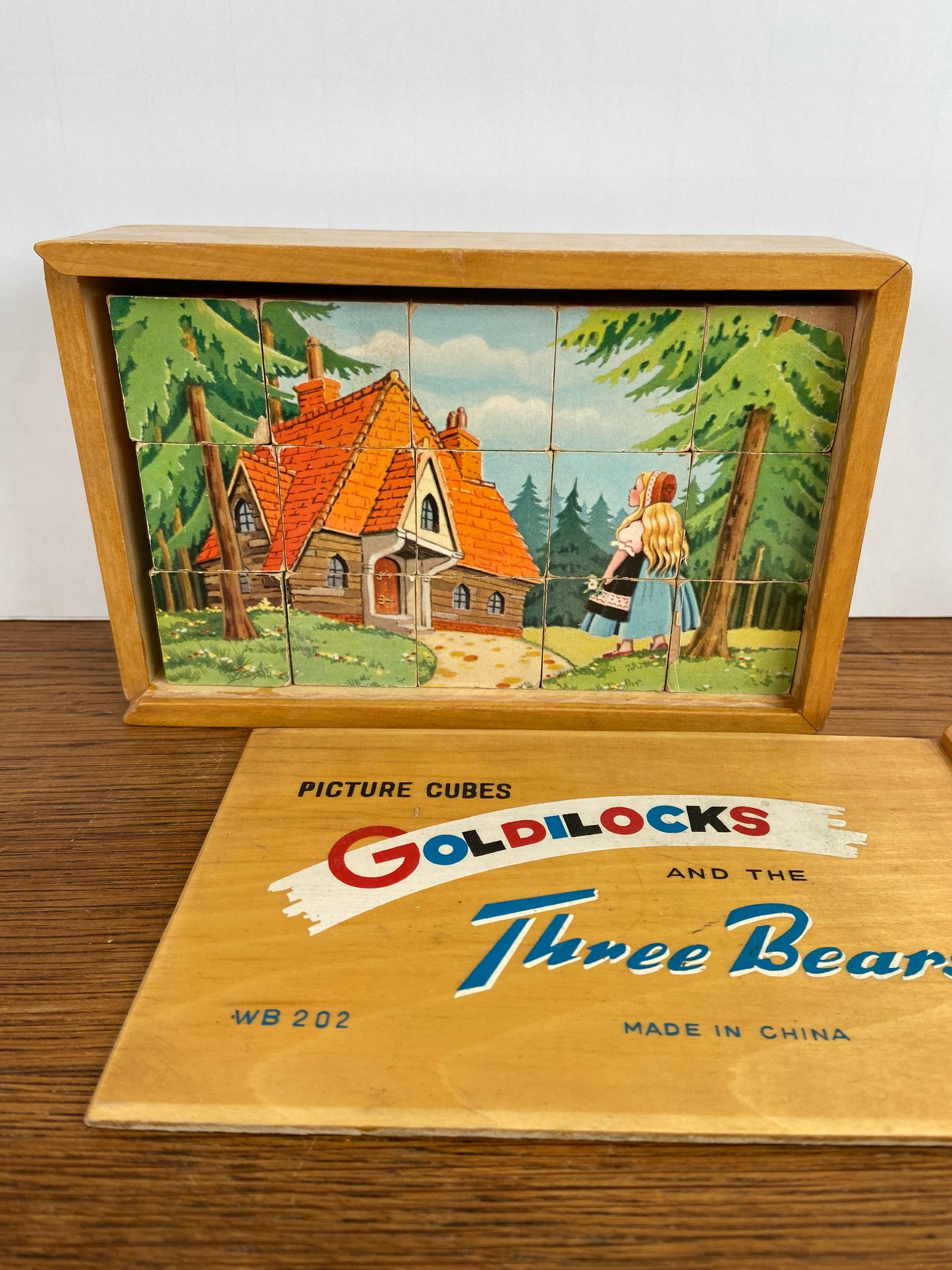 Vintage blokkenpuzzel goudlokje en de 3 beren