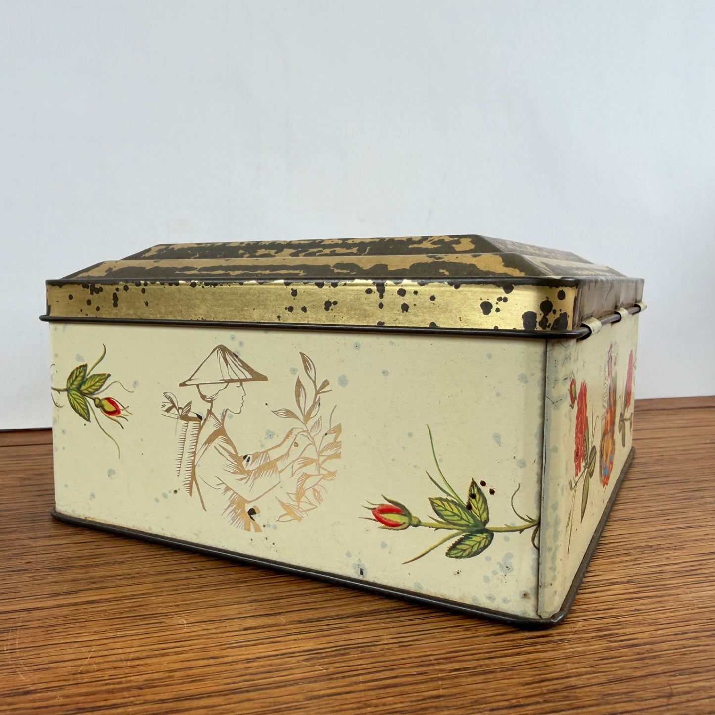 Vintage Niemeijer thee blik vogel en roosjes