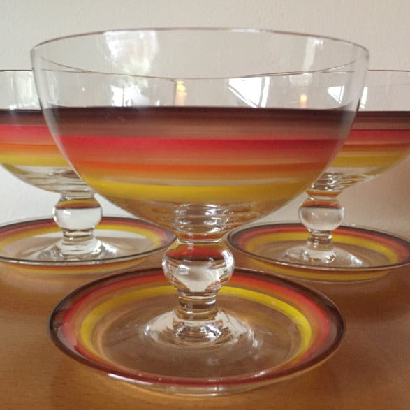 3 vintage cocktail dessert glazen, rood oranje geel