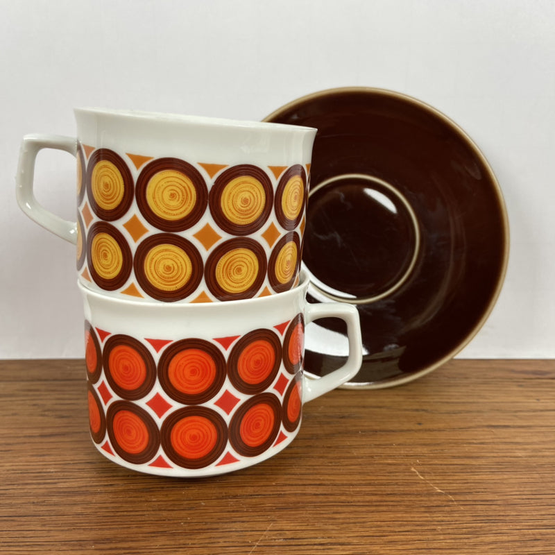 Vintage kop en schotels rood geel