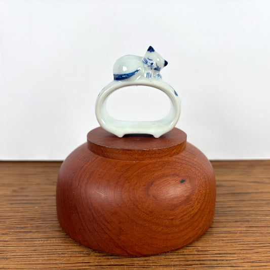 Vintage porseleinen servetring kat blauw wit