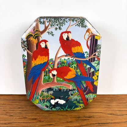 Vintage blikje drie papegaaien jungle