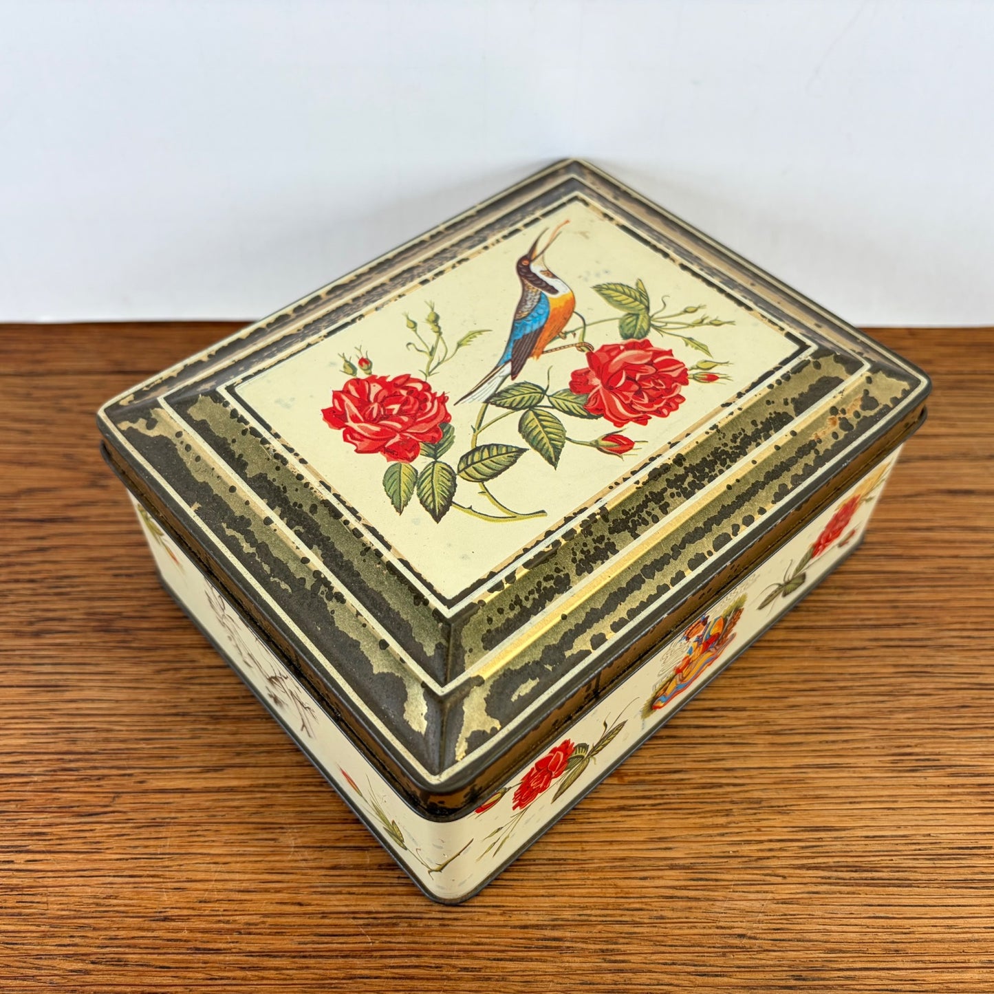 Vintage Niemeijer thee blik vogel en roosjes