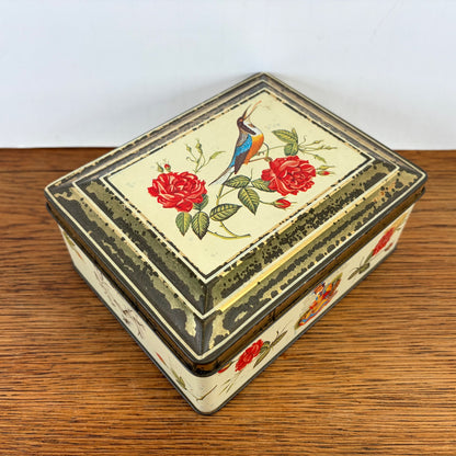 Vintage Niemeijer thee blik vogel en roosjes