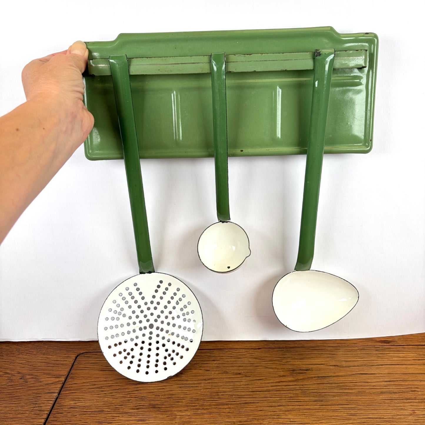 Vintage emaille lepelrek groen