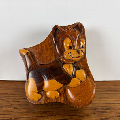 Vintage houten doosje kat met bal