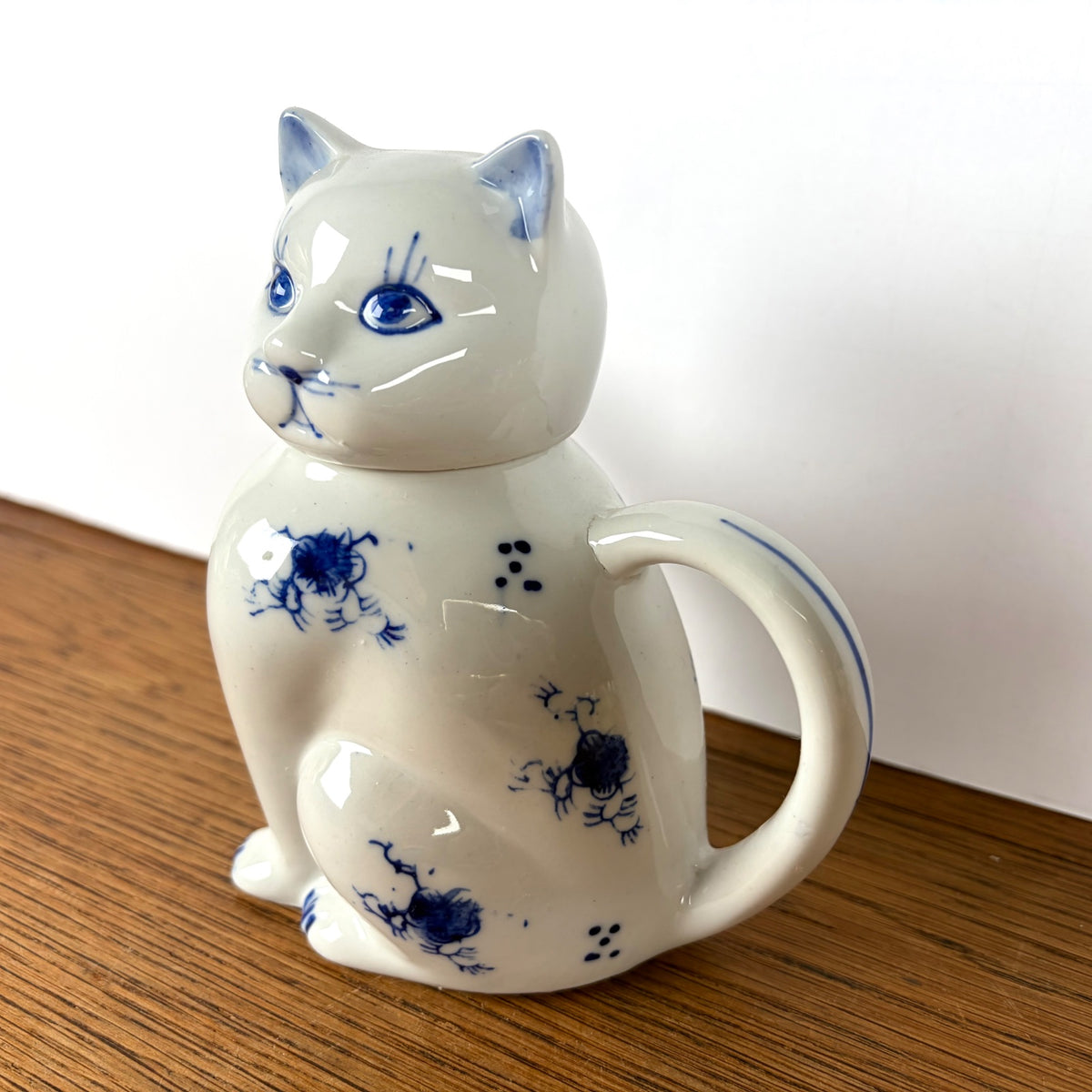Vintage theepot kat blauw wit