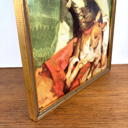 Vintage schilderijtje dame met geitje