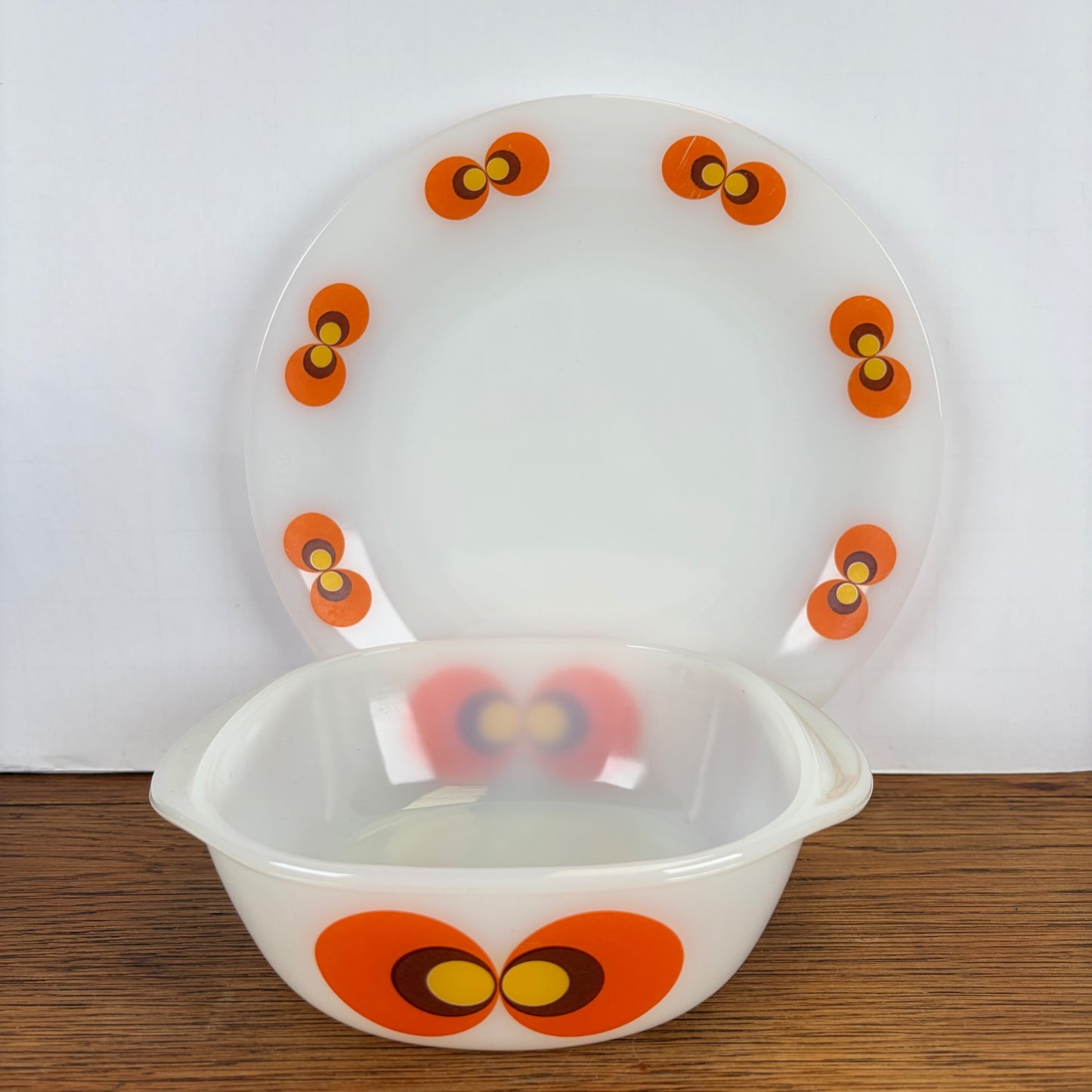 Vintage Jena glas schaal en bord Pauwenoog