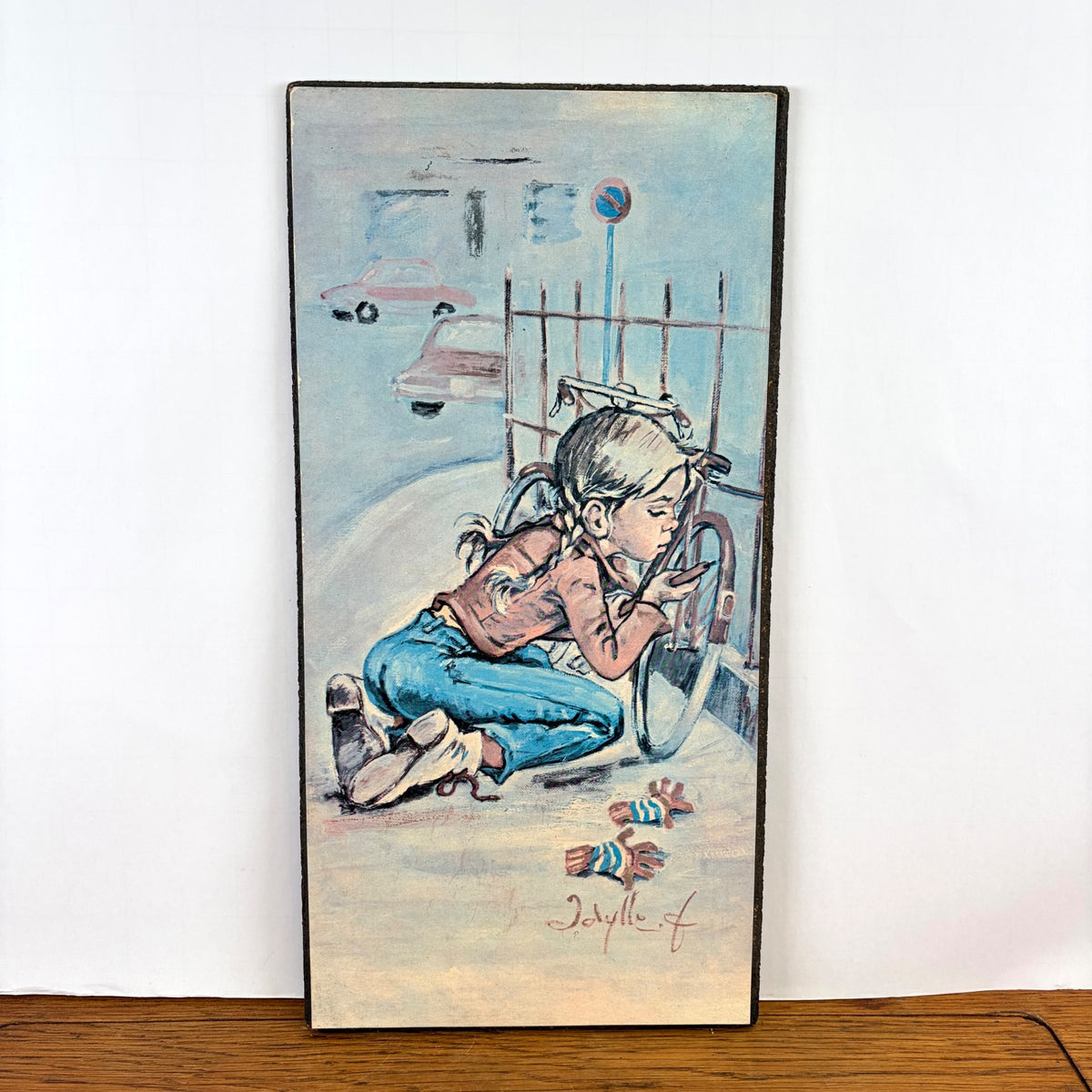 Vintage wandplaat meisje met fiets Idylle