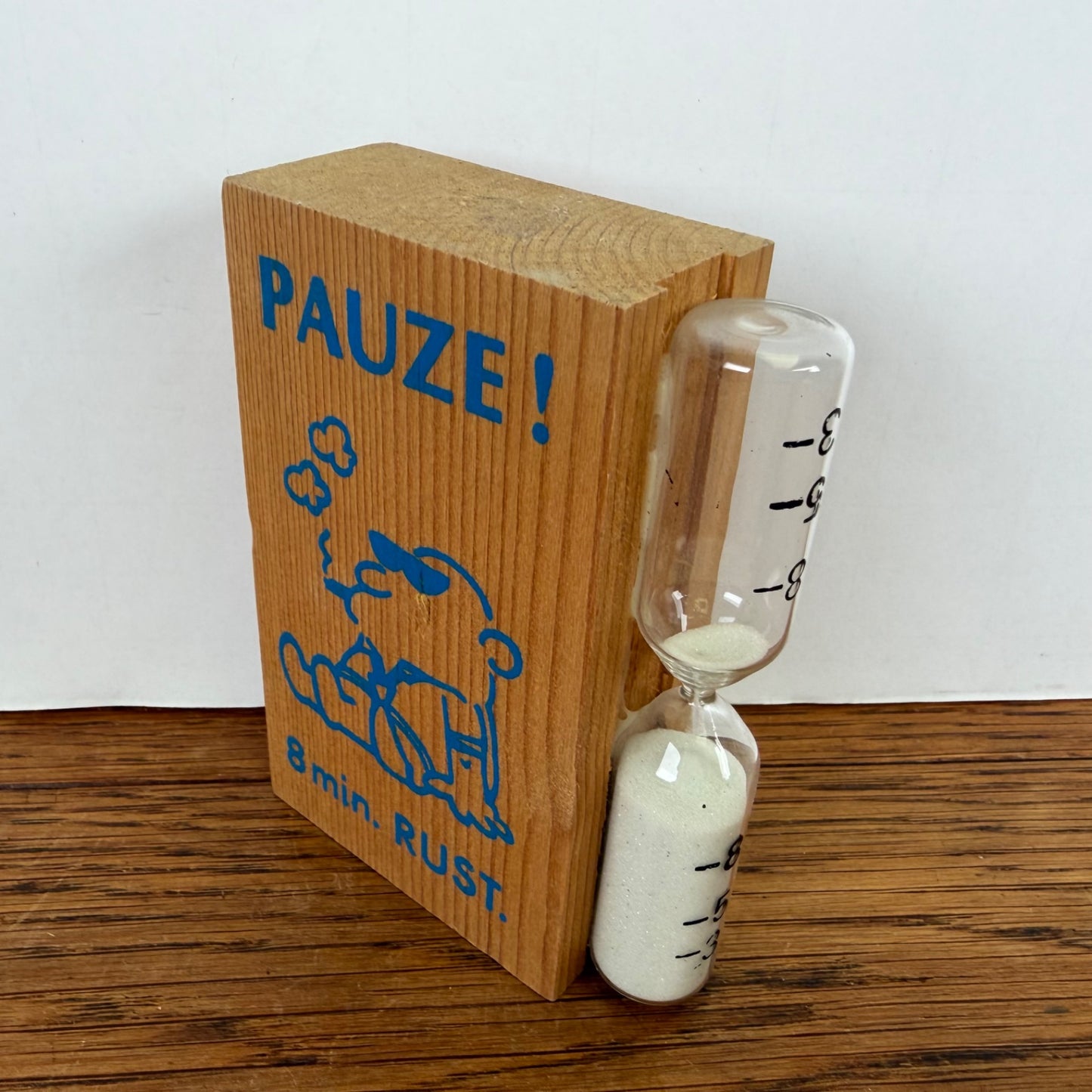 Vintage zandloper Pauze 8 min. blauw-rood houten blok