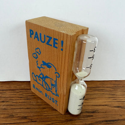 Vintage zandloper Pauze 8 min. blauw-rood houten blok