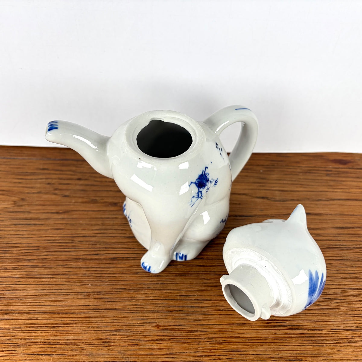 Vintage theepot kat blauw wit