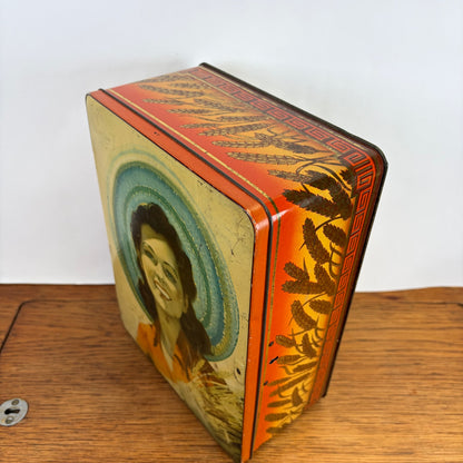 Vintage Lonka blik dame met hoed en tarwe