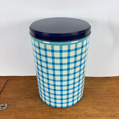 Vintage Tomado bewaarblik blauw-wit ruit
