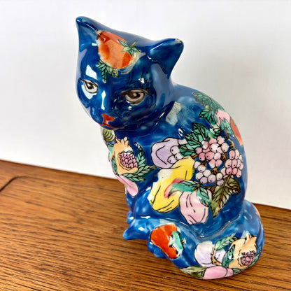 Vintage keramieken kat blauw met fruit HK Dynasty