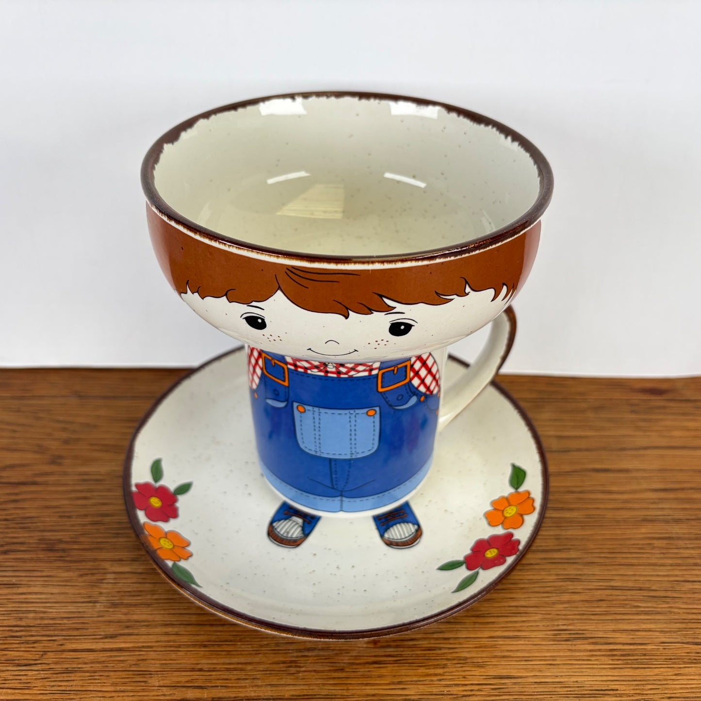 Vintage keramiek ontbijtset jongetje tuinbroek 3-delig