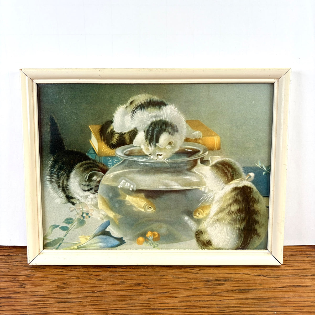 Vintage schilderijtje drie kittens bij vissenkom