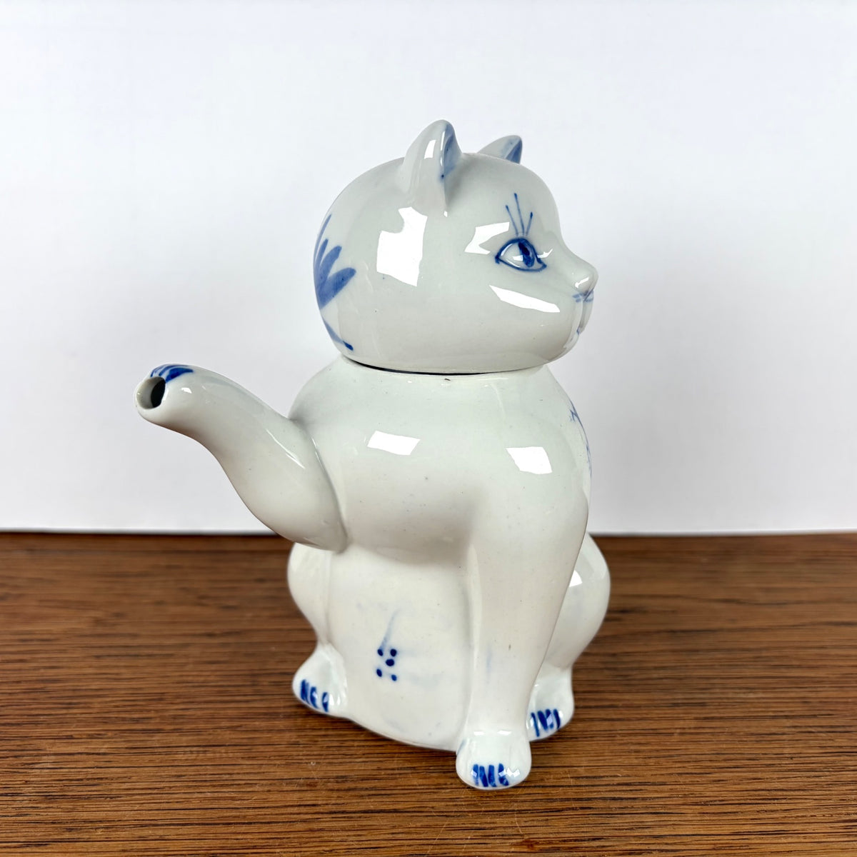 Vintage theepot kat blauw wit