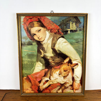 Vintage schilderijtje dame met geitje