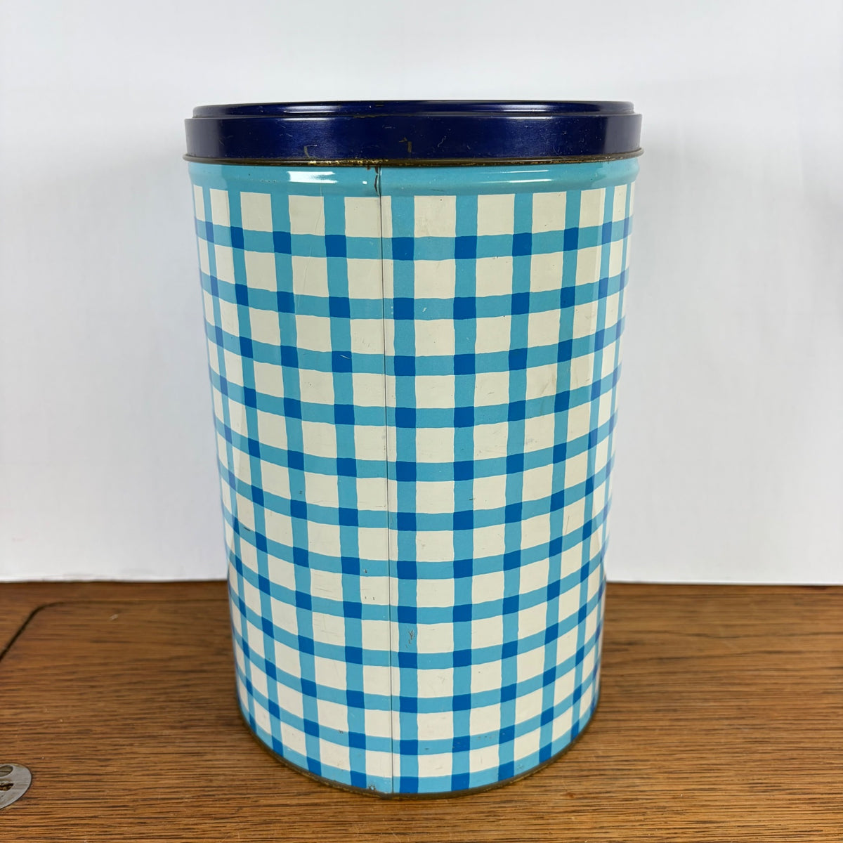 Vintage Tomado bewaarblik blauw-wit ruit