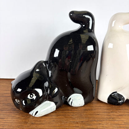 Vintage keramieke boekensteunen katten zwart en wit