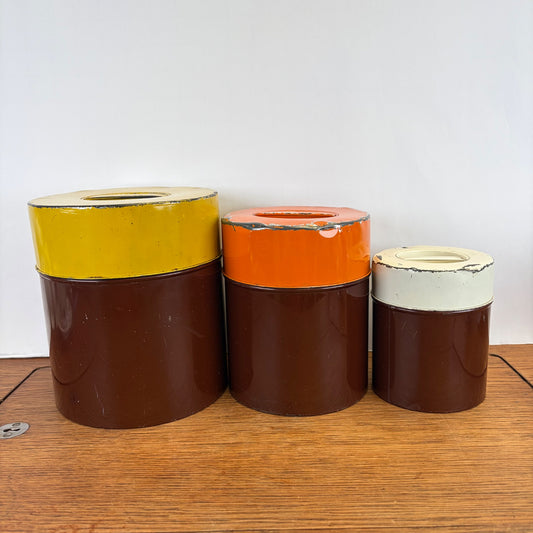 Vintage set van 3 blikken bruin geel oranje wit jaren 70