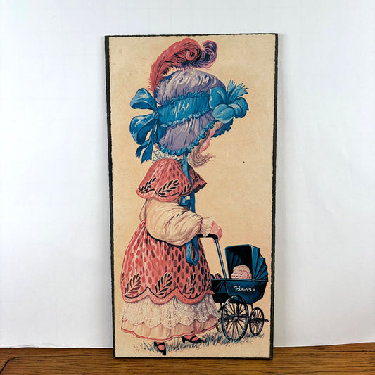Vintage prent dame met kinderwagen