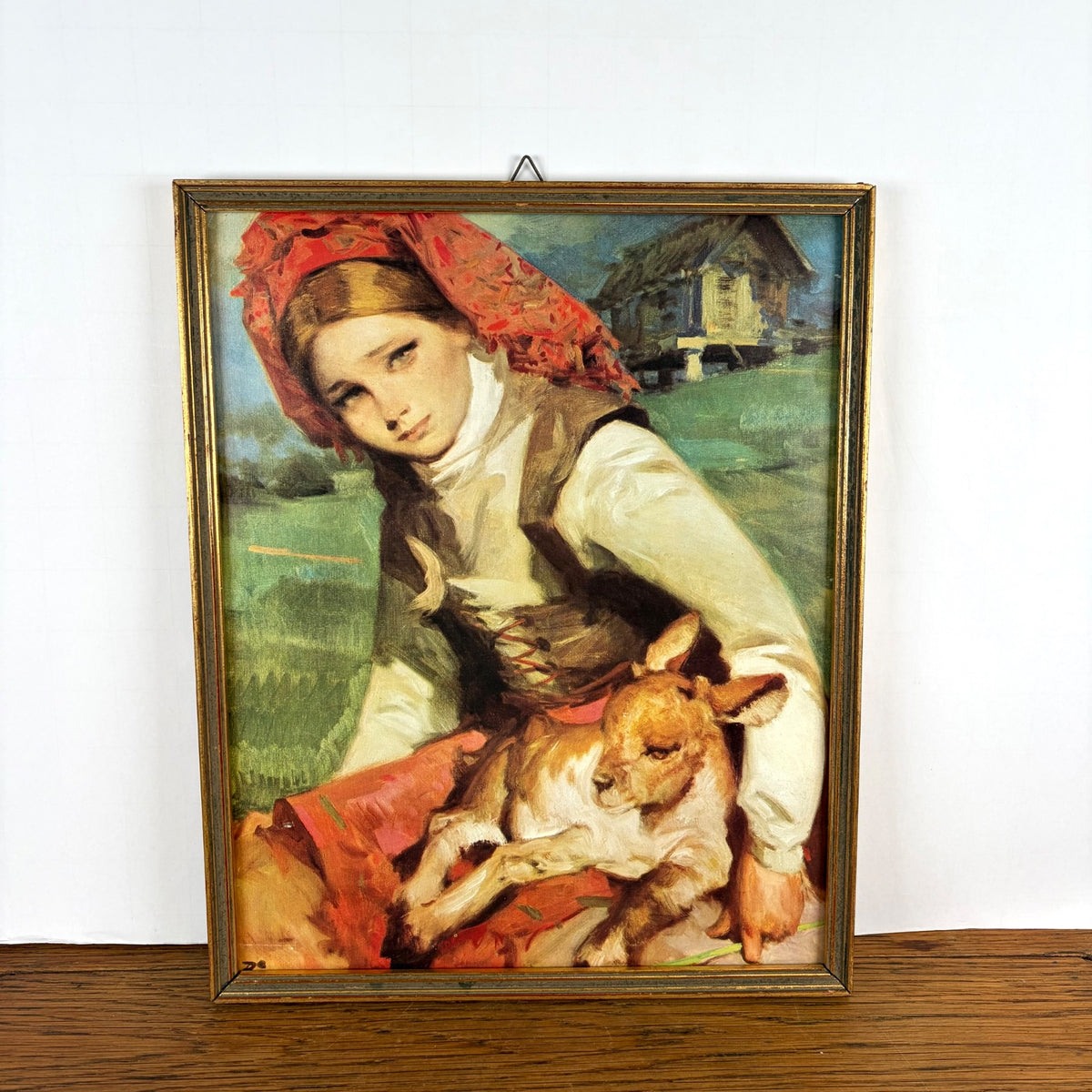Vintage schilderijtje dame met geitje