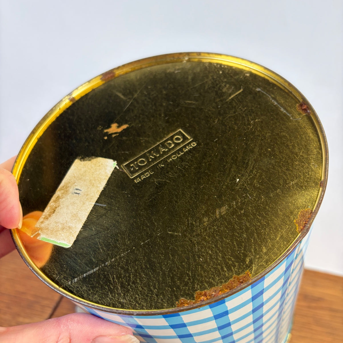 Vintage Tomado bewaarblik blauw-wit ruit