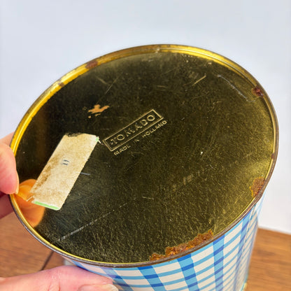 Vintage Tomado bewaarblik blauw-wit ruit