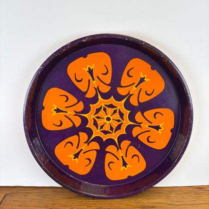 Vintage rond metalen dienblad paars oranje  motief