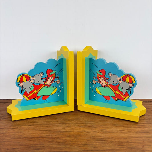 Vintage houten boekensteunen muisjes in vliegtuig
