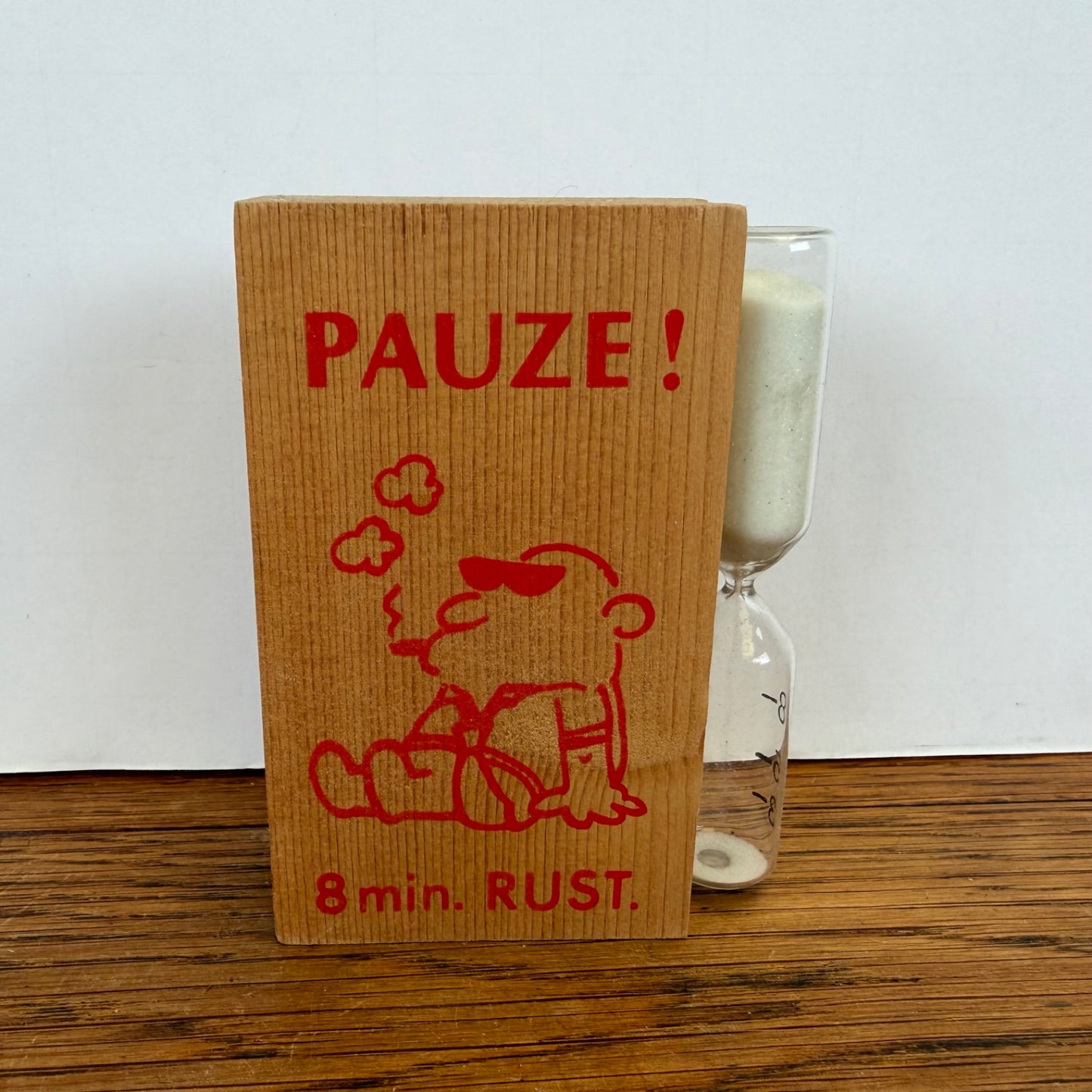 Vintage zandloper Pauze 8 min. blauw-rood houten blok