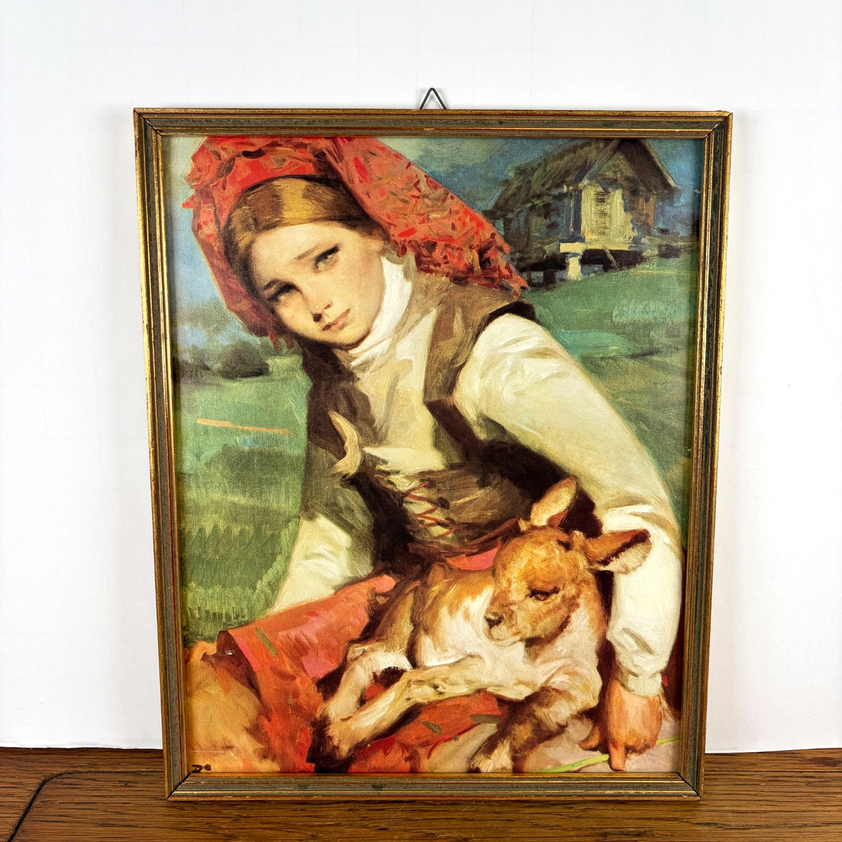 Vintage schilderijtje dame met geitje