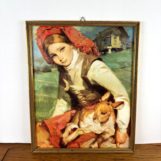 Vintage schilderijtje dame met geitje