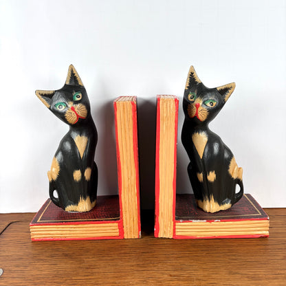 Vintage houten boekensteunen katten