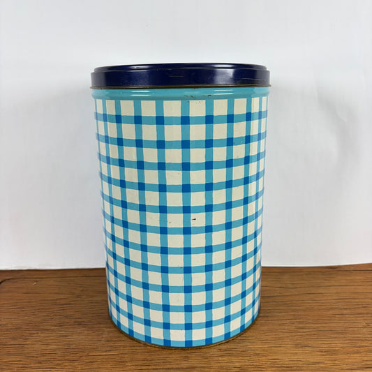 Vintage Tomado bewaarblik blauw-wit ruit