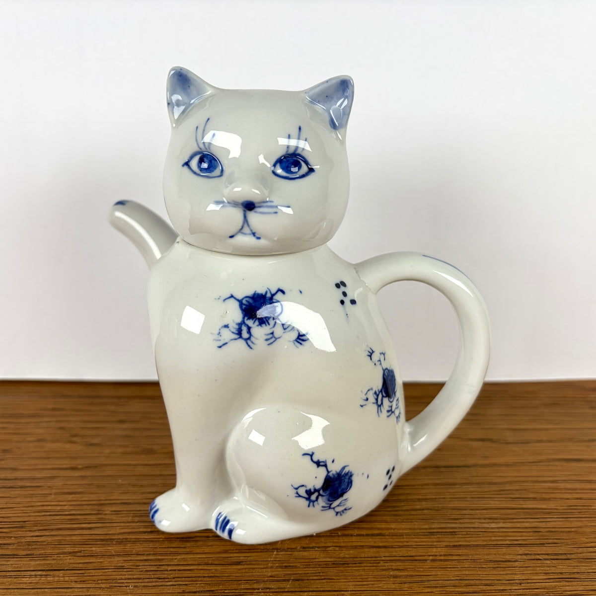 Vintage theepot kat blauw wit
