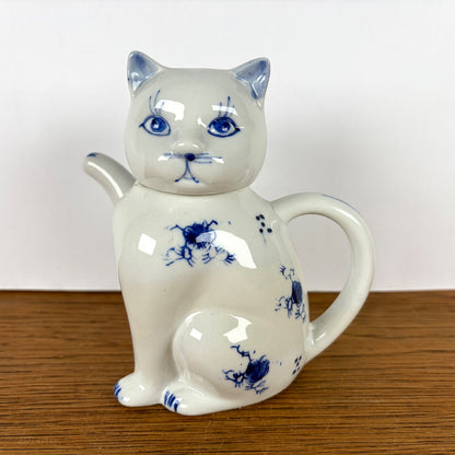Vintage theepot kat blauw wit