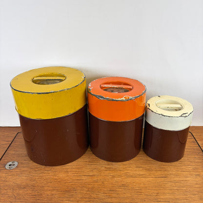 Vintage set van 3 blikken bruin geel oranje wit jaren 70