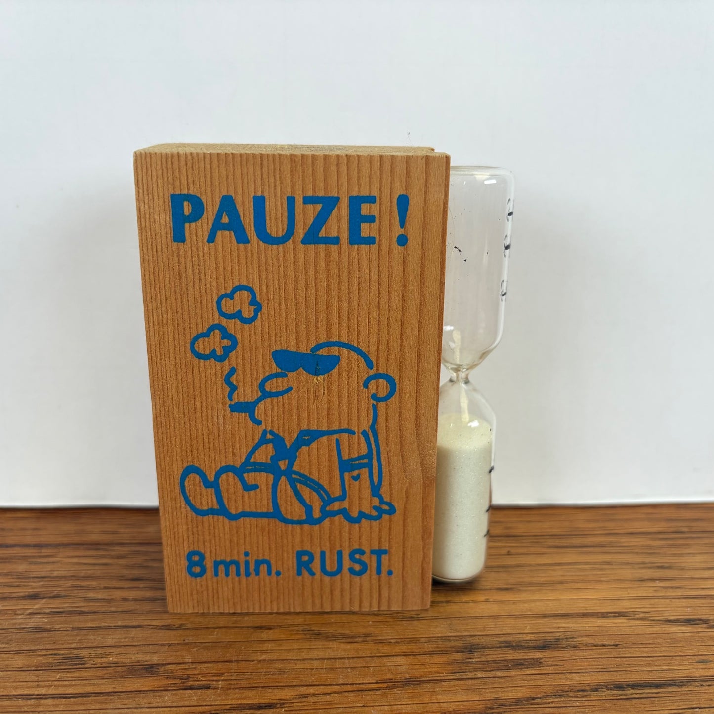 Vintage zandloper Pauze 8 min. blauw-rood houten blok