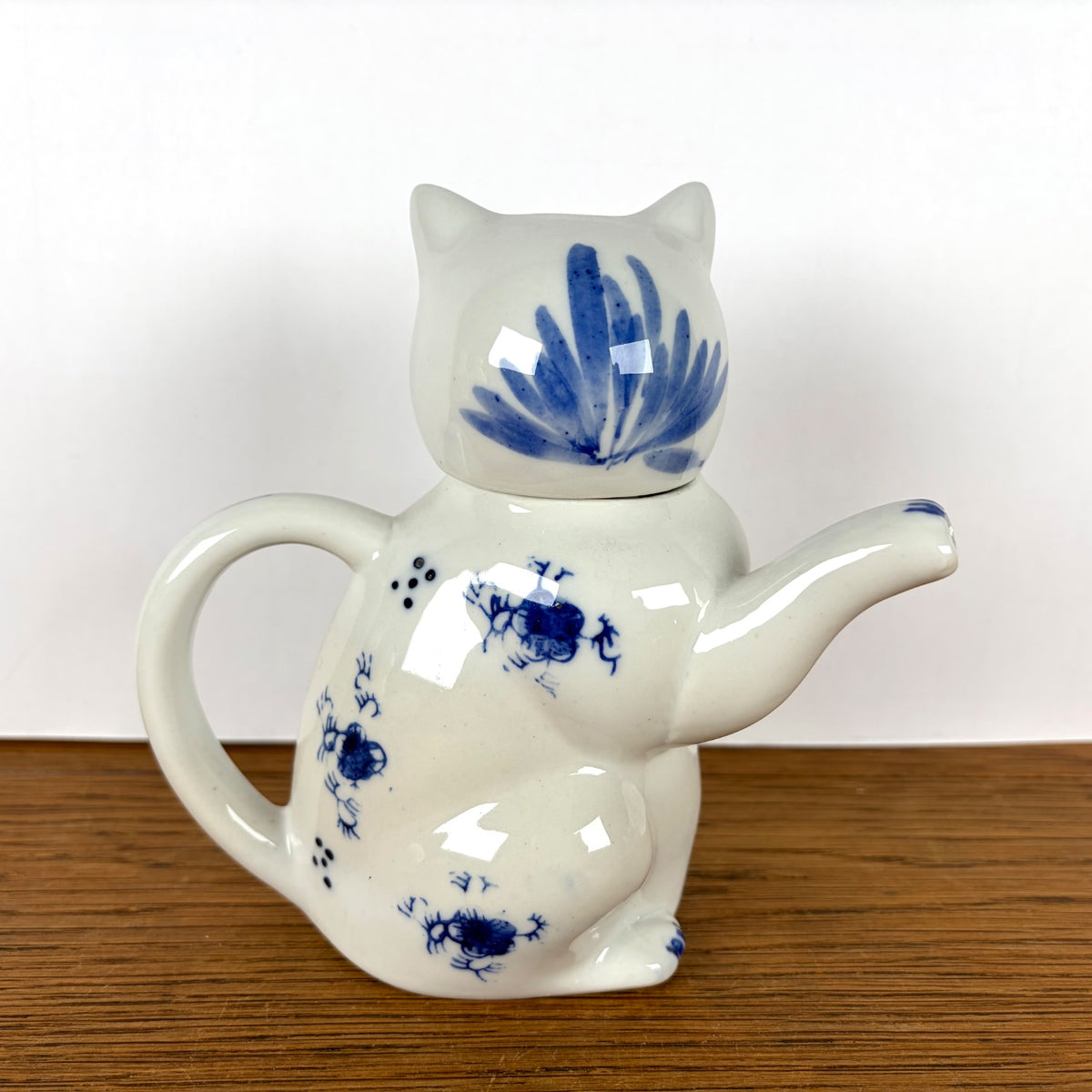 Vintage theepot kat blauw wit
