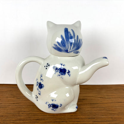 Vintage theepot kat blauw wit