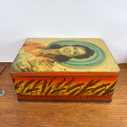 Vintage Lonka blik dame met hoed en tarwe